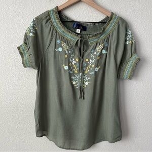 Blue Rain Green Boho Cottagecore Embroidered Flower Puff Sleeve Top- Size M